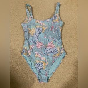 Show Me Your MuMu Light Blue Multi-Color Map Print One-Piece Swimsuit